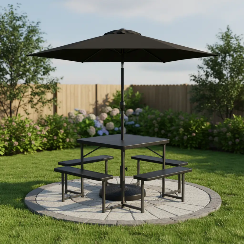 Outdoor Picnic Table Bench Set with Umbrella and Base for 4-8 People by DirectDeals