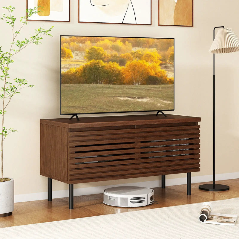 Mid Century Fluted TV Stand for 40" TV with 2 Hidden Compartments and Metal Legs-Walnut by DirectDeals