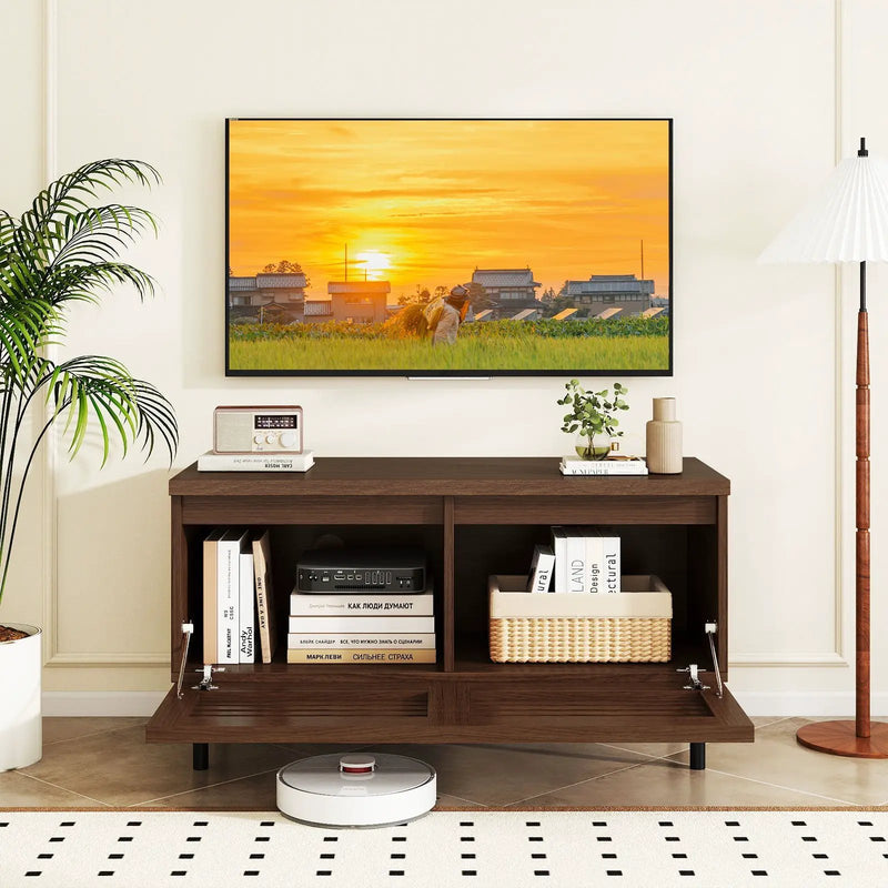 Mid Century Fluted TV Stand for 40" TV with 2 Hidden Compartments and Metal Legs-Walnut by DirectDeals