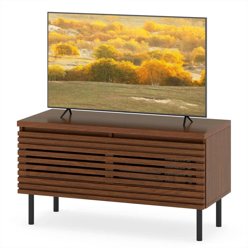 Mid Century Fluted TV Stand for 40" TV with 2 Hidden Compartments and Metal Legs-Walnut by DirectDeals