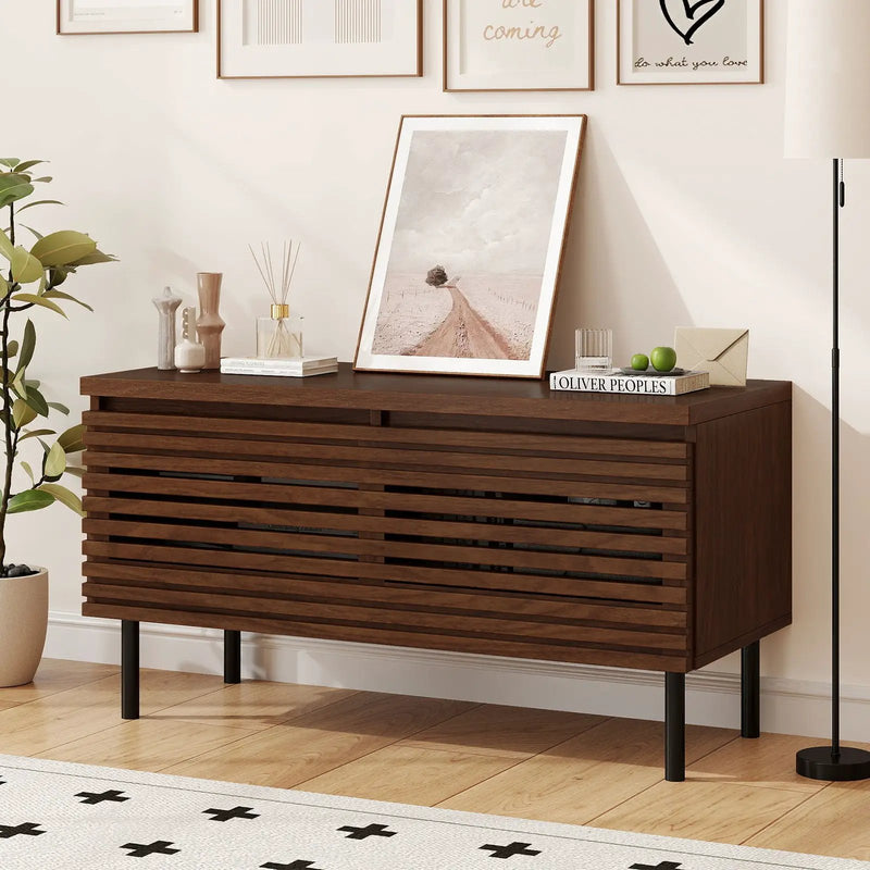 Mid Century Fluted TV Stand for 40" TV with 2 Hidden Compartments and Metal Legs-Walnut by DirectDeals