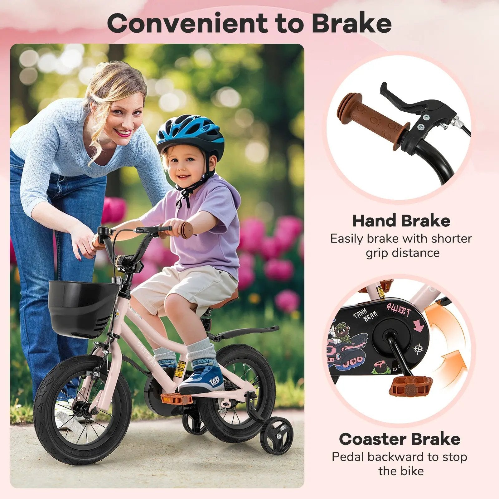 12 Inch Kids Bike with Helmet Protective Set Black & Pink by DirectDeals
