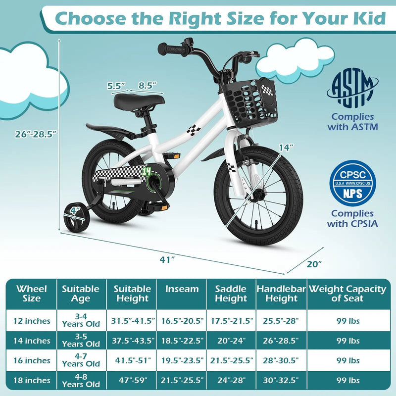 14 Inch Kids Bike White with Blue Helmet Protective Set by DirectDeals