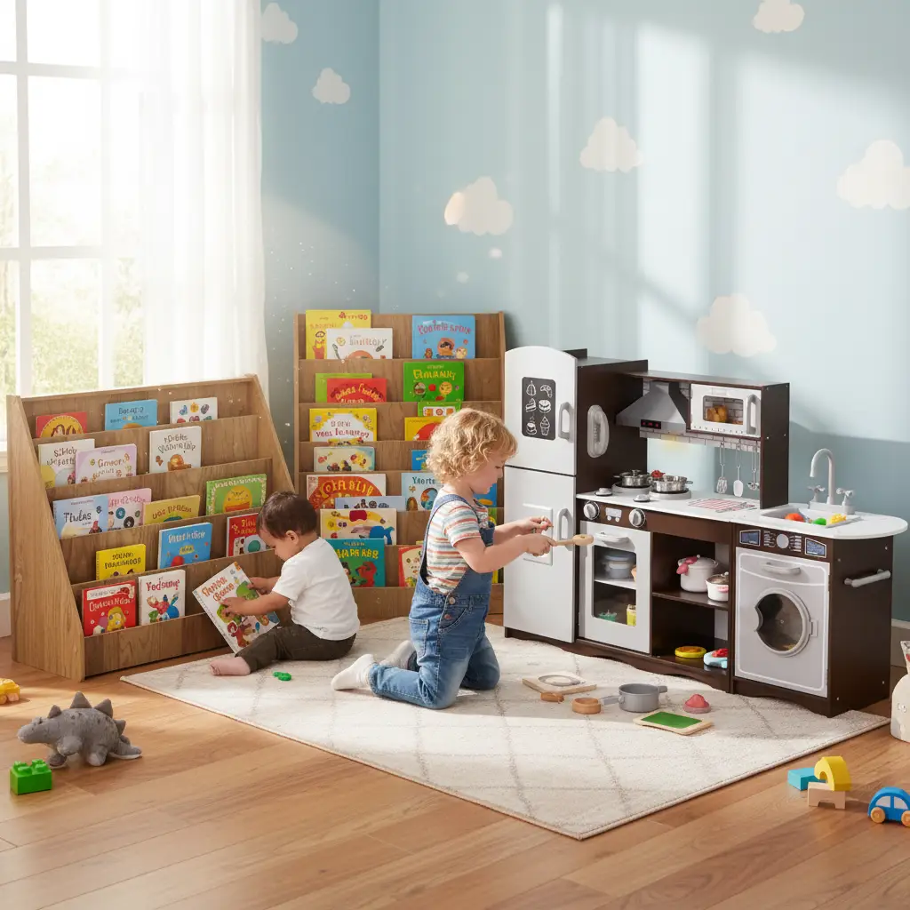 Kids Toy Storage & Pretend Play Kitchen Bundle by DirectDeals