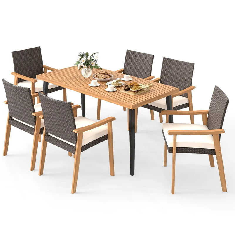 7-Pieces Patio Dining Table Set Acacia Wood Table and 6 Armchairs by DirectDeals