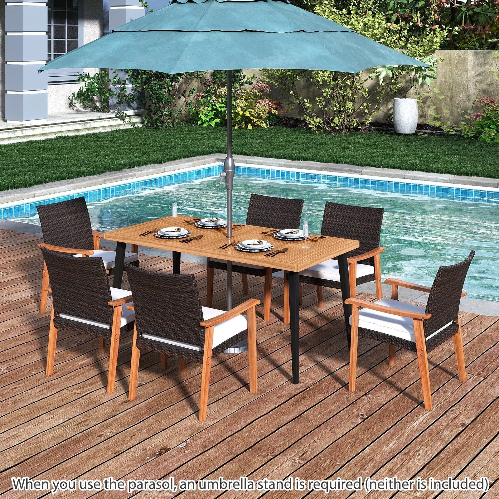 7-Pieces Patio Dining Table Set Acacia Wood Table and 6 Armchairs by DirectDeals