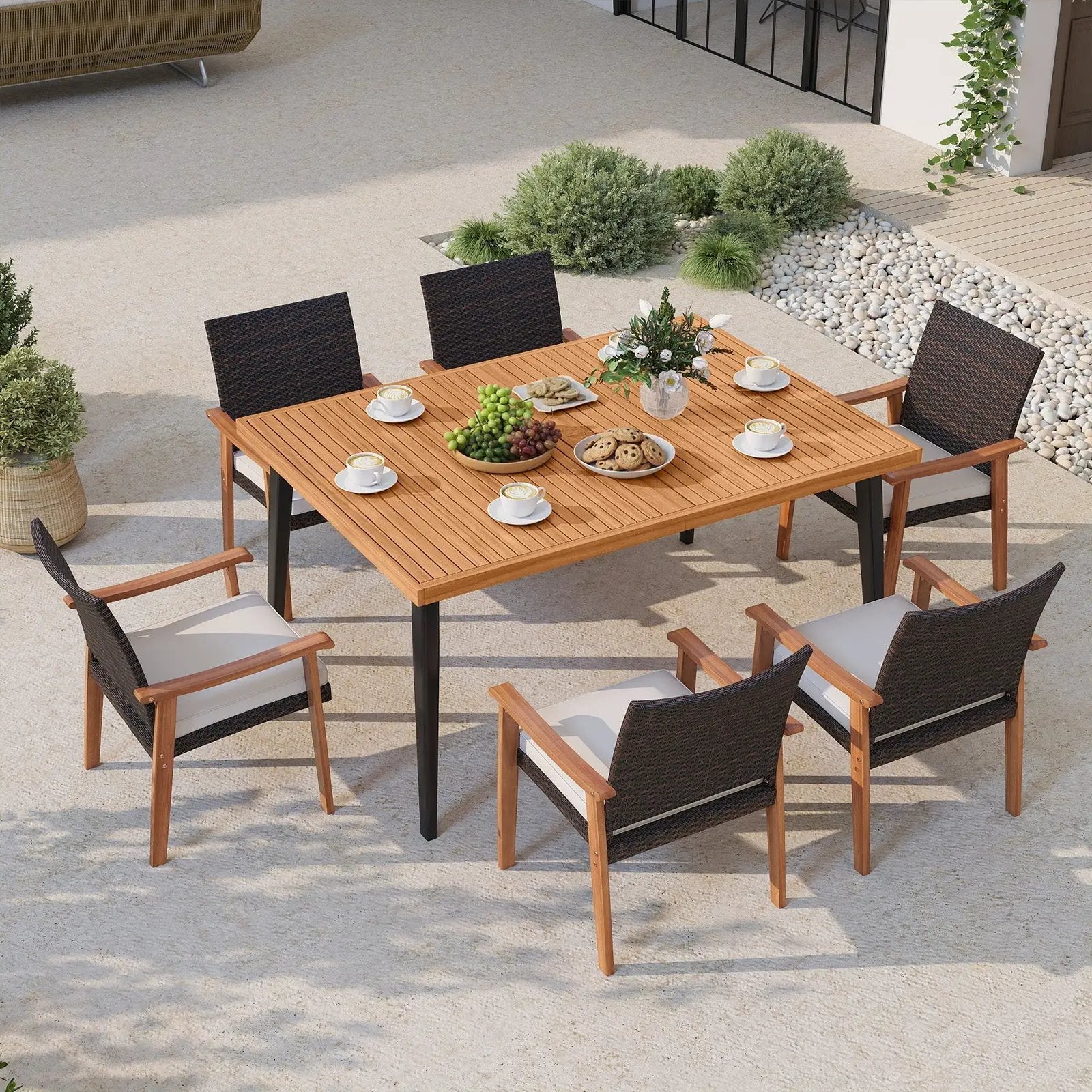 7-Pieces Patio Dining Table Set Acacia Wood Table and 6 Armchairs by DirectDeals