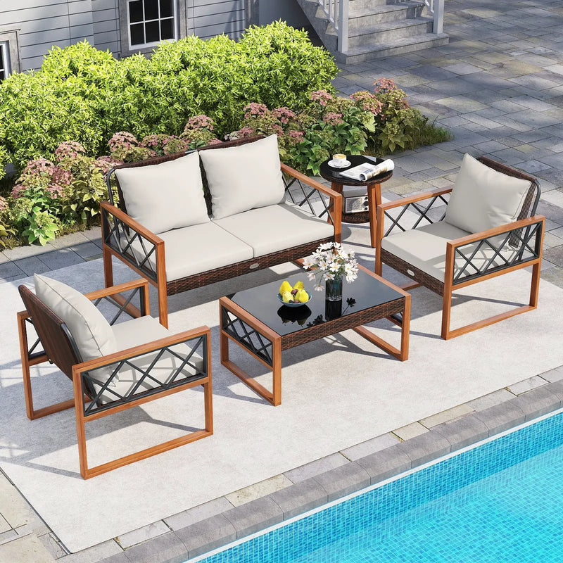5 Pieces PE Wicker Patio Furniture Set with Acacia Wood Frame by DirectDeals