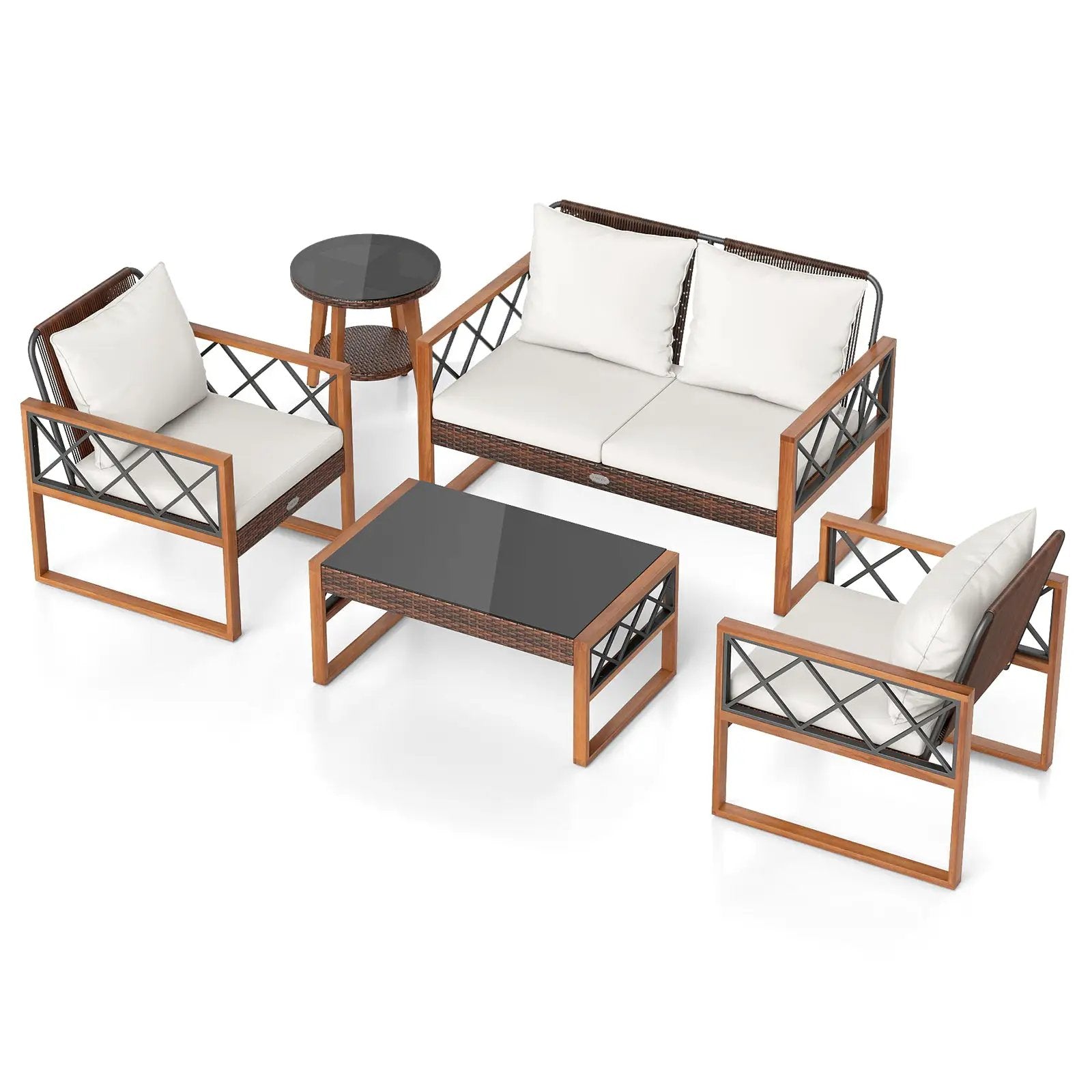 5 Pieces PE Wicker Patio Furniture Set with Acacia Wood Frame by DirectDeals