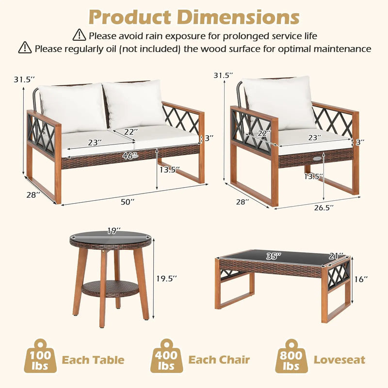 5 Pieces PE Wicker Patio Furniture Set with Acacia Wood Frame by DirectDeals
