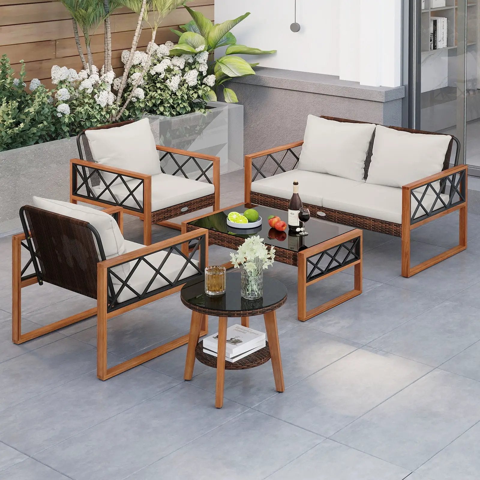 5 Pieces PE Wicker Patio Furniture Set with Acacia Wood Frame by DirectDeals