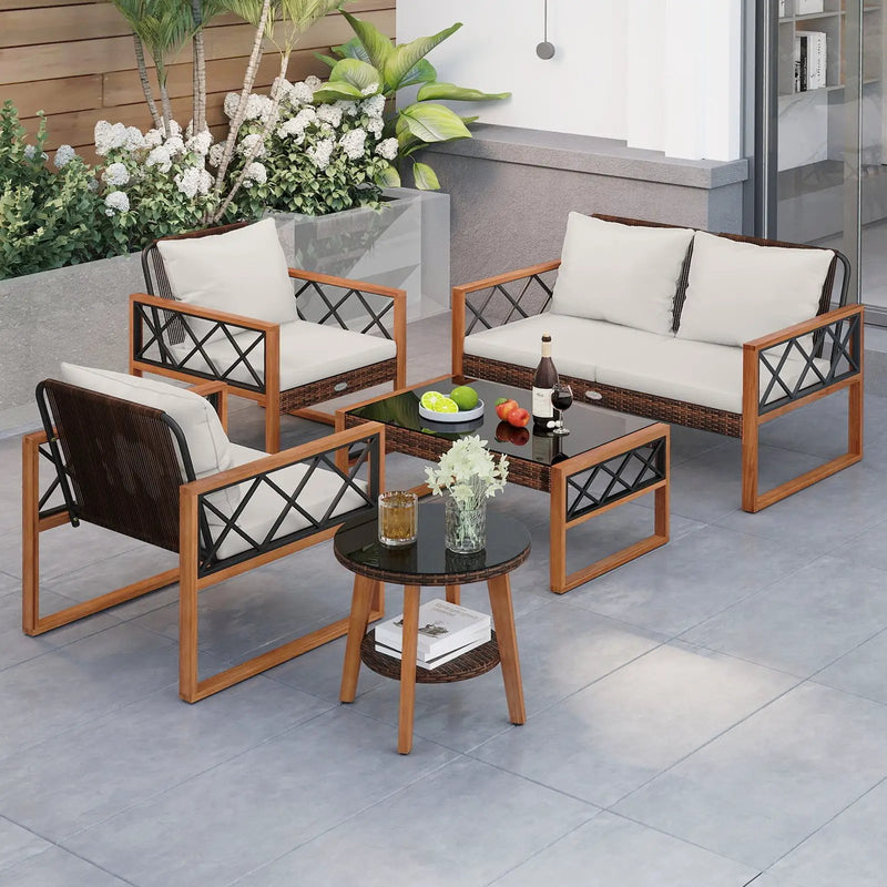 5 Pieces PE Wicker Patio Furniture Set with Acacia Wood Frame by DirectDeals