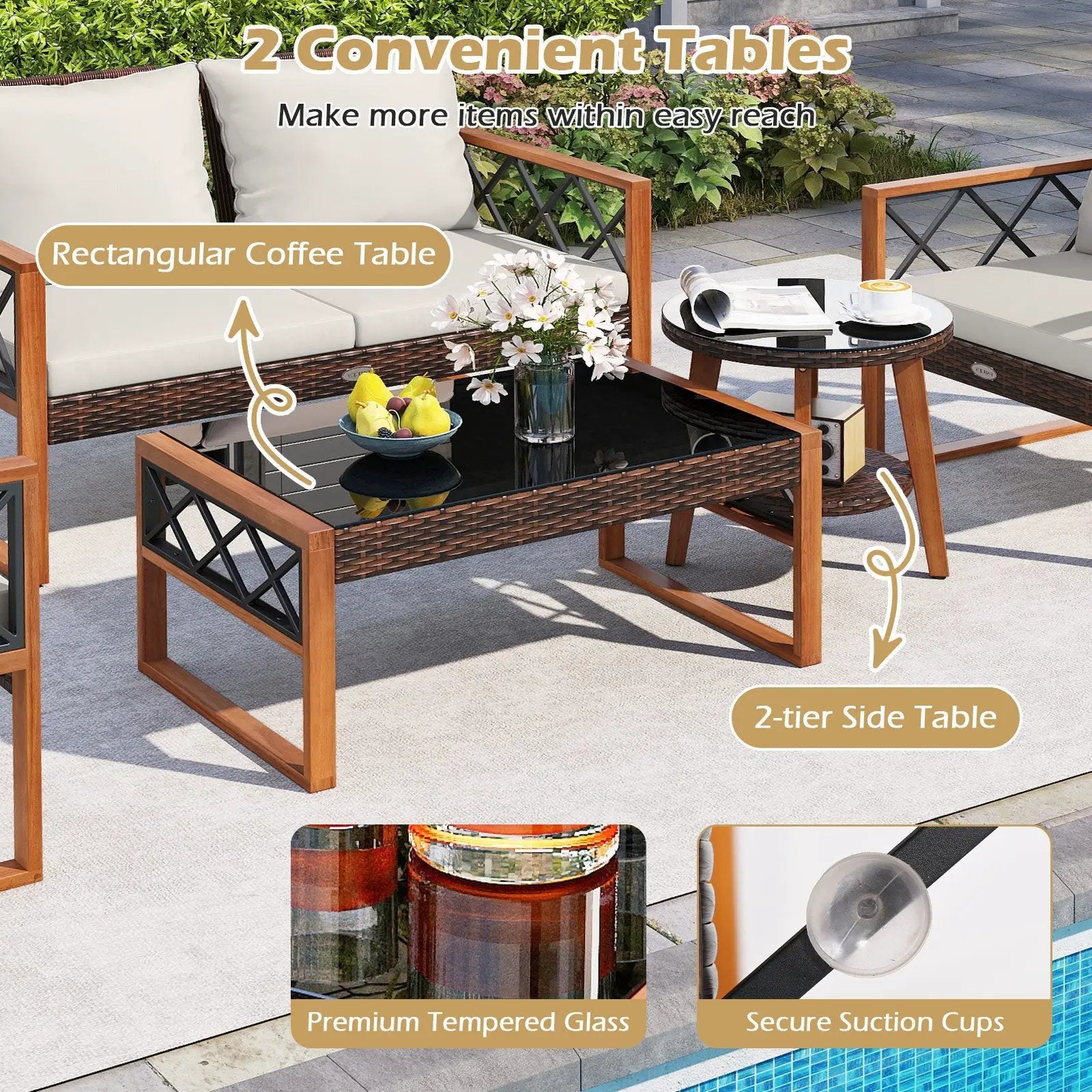 5 Pieces PE Wicker Patio Furniture Set with Acacia Wood Frame by DirectDeals