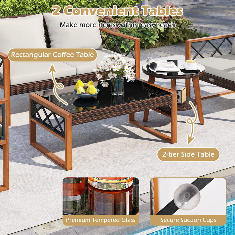5 Pieces PE Wicker Patio Furniture Set with Acacia Wood Frame by DirectDeals