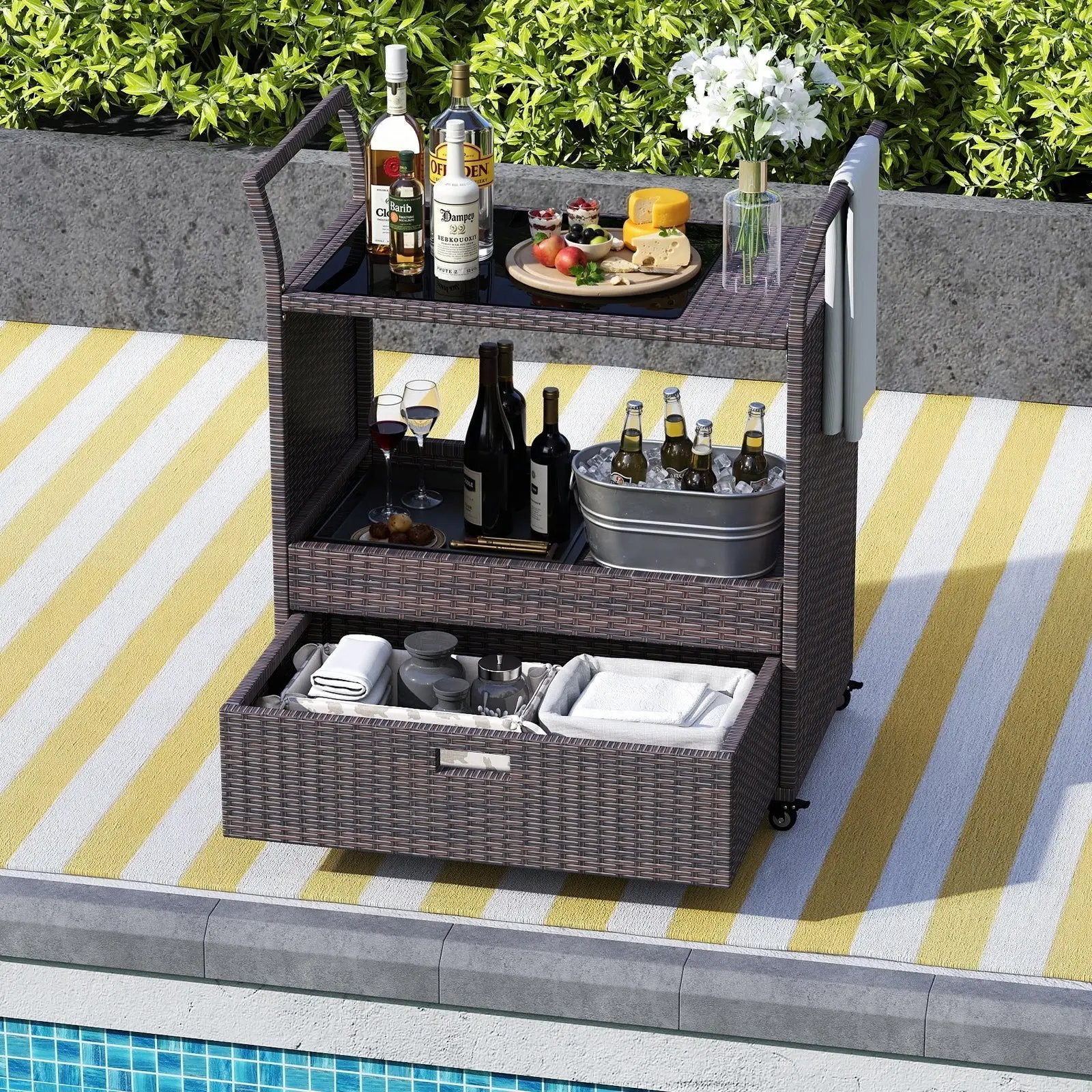Outdoor Wicker Bar Cart Table with Tempered Glass Top by DirectDeals