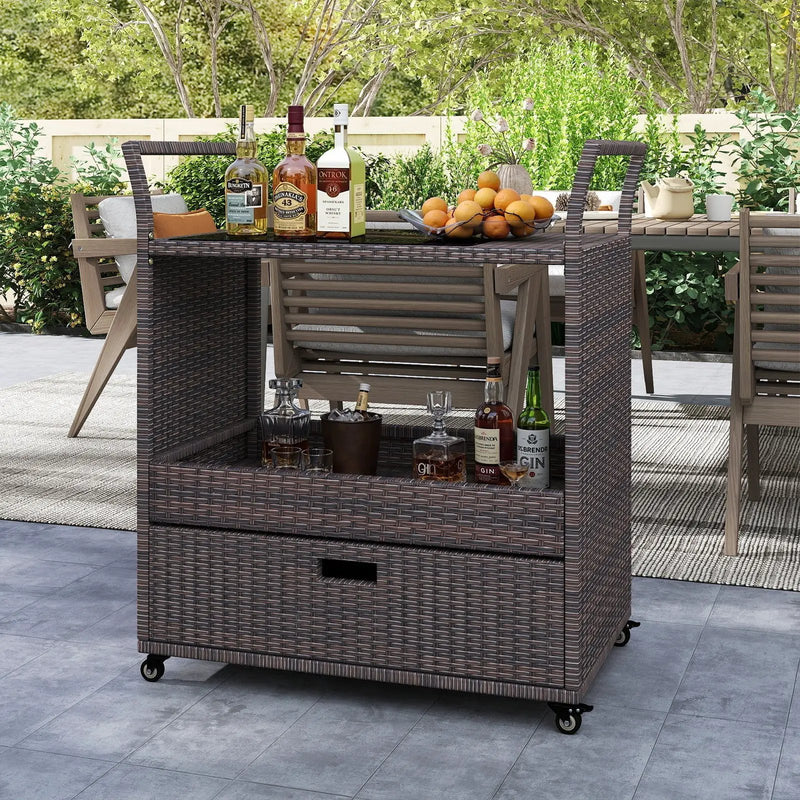 Outdoor Wicker Bar Cart Table with Tempered Glass Top by DirectDeals