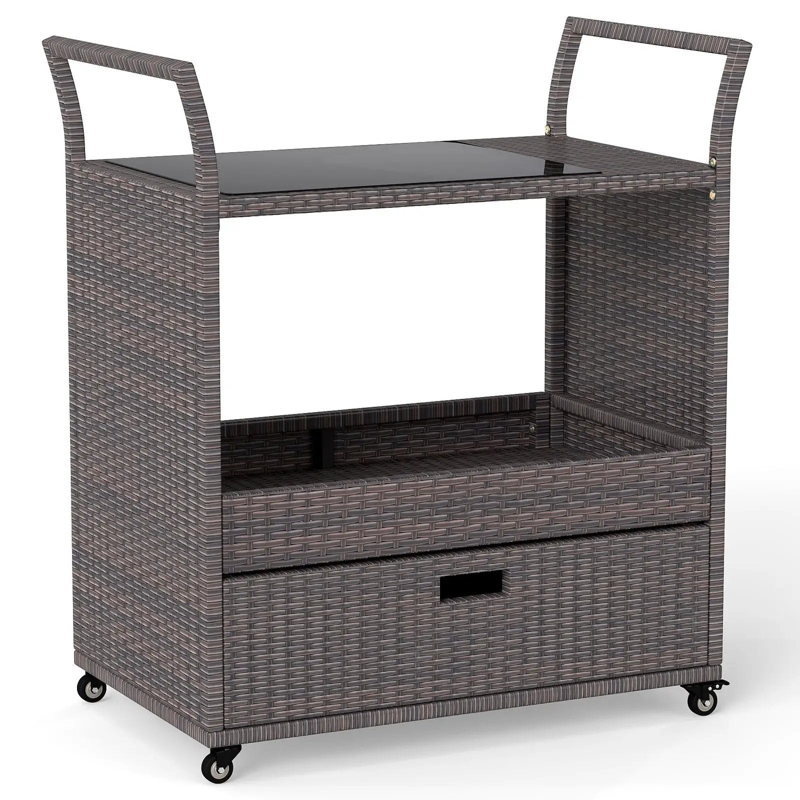 Outdoor Wicker Bar Cart Table with Tempered Glass Top by DirectDeals