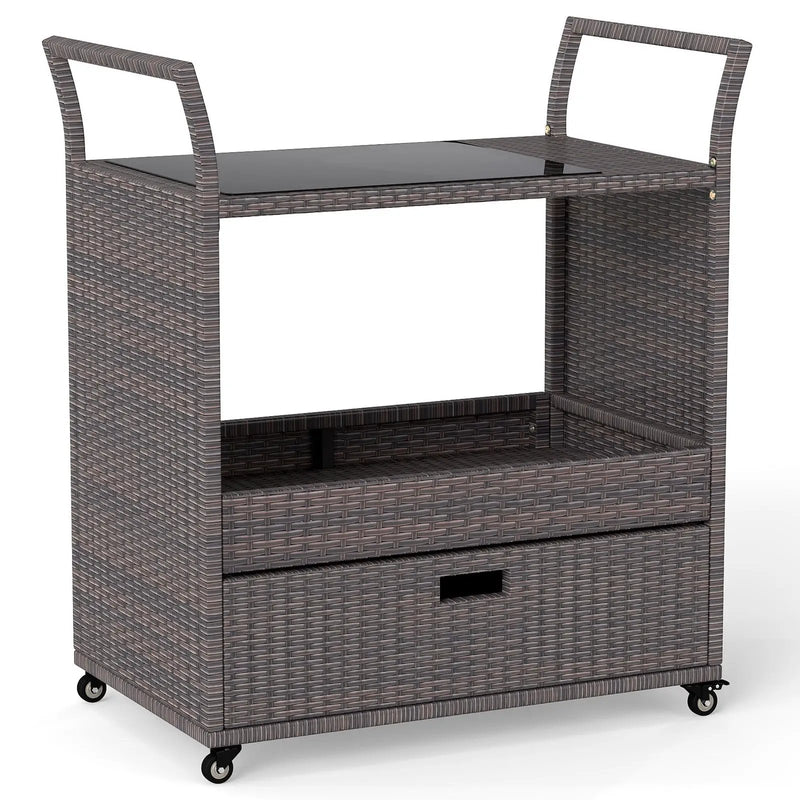 Outdoor Wicker Bar Cart Table with Tempered Glass Top by DirectDeals
