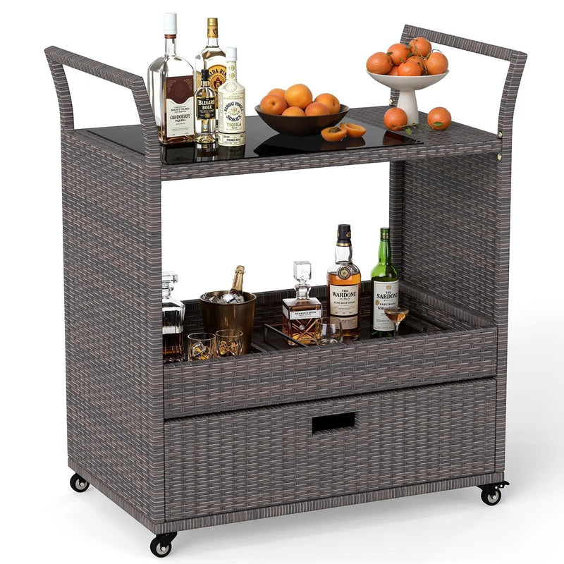 Outdoor Wicker Bar Cart Table with Tempered Glass Top by DirectDeals