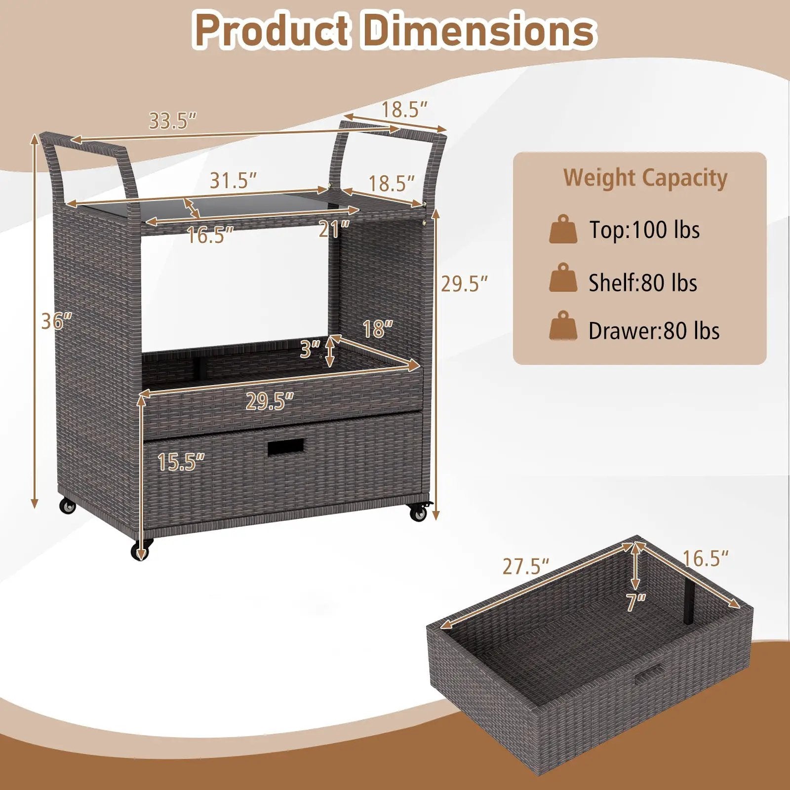 Outdoor Wicker Bar Cart Table with Tempered Glass Top by DirectDeals