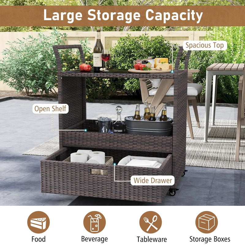 Outdoor Wicker Bar Cart Table with Tempered Glass Top by DirectDeals