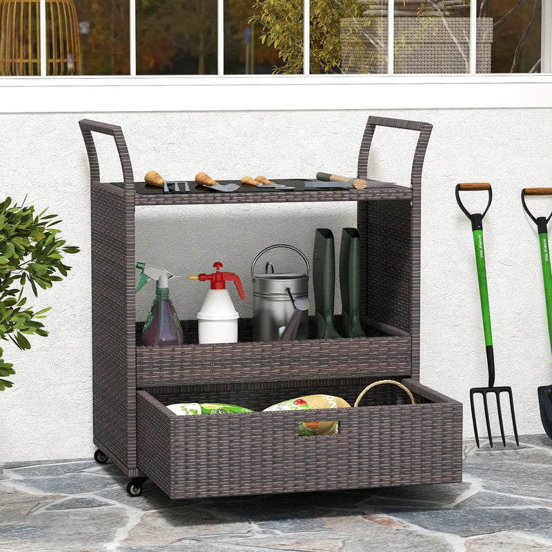 Outdoor Wicker Bar Cart Table with Tempered Glass Top by DirectDeals
