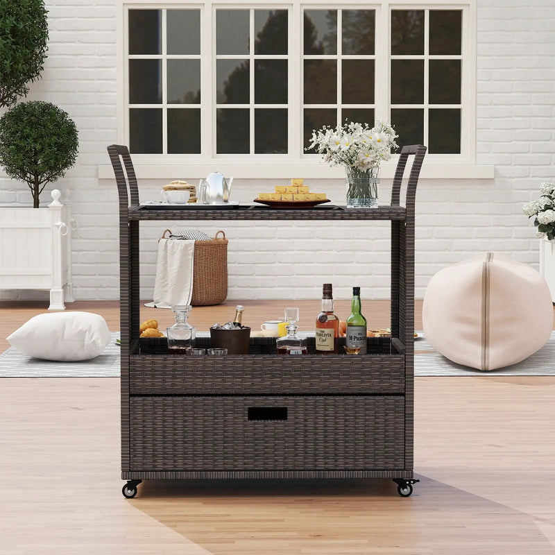 Outdoor Wicker Bar Cart Table with Tempered Glass Top by DirectDeals