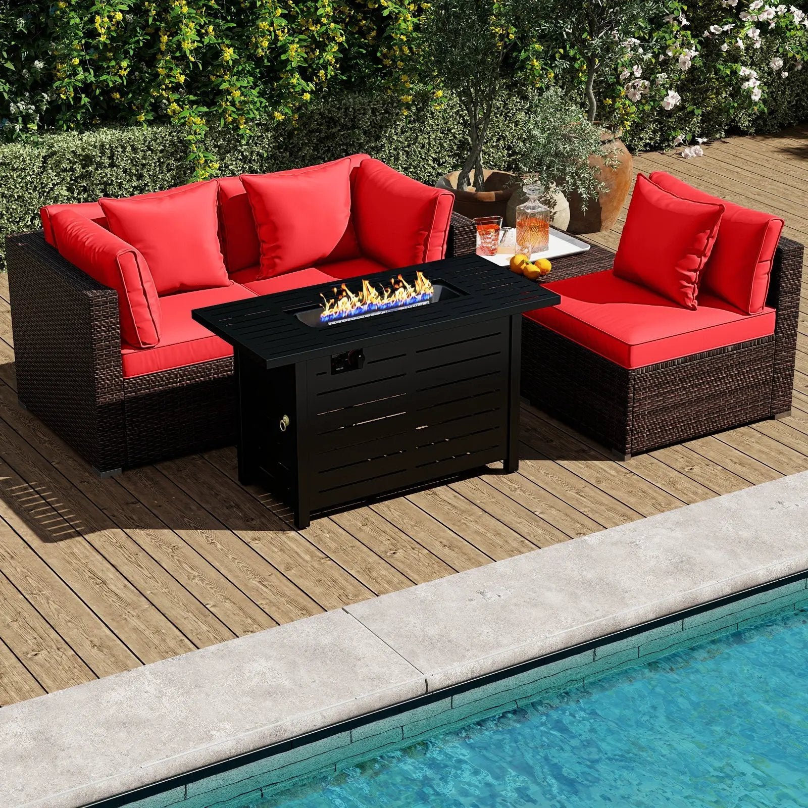 Heavy-duty Frame Rattan Sofa Set with 60000 BTU Firepit Table by DirectDeals