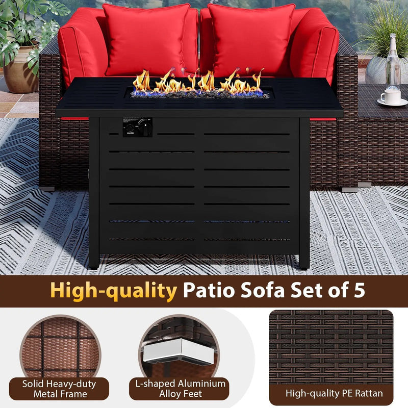 Heavy-duty Frame Rattan Sofa Set with 60000 BTU Firepit Table by DirectDeals