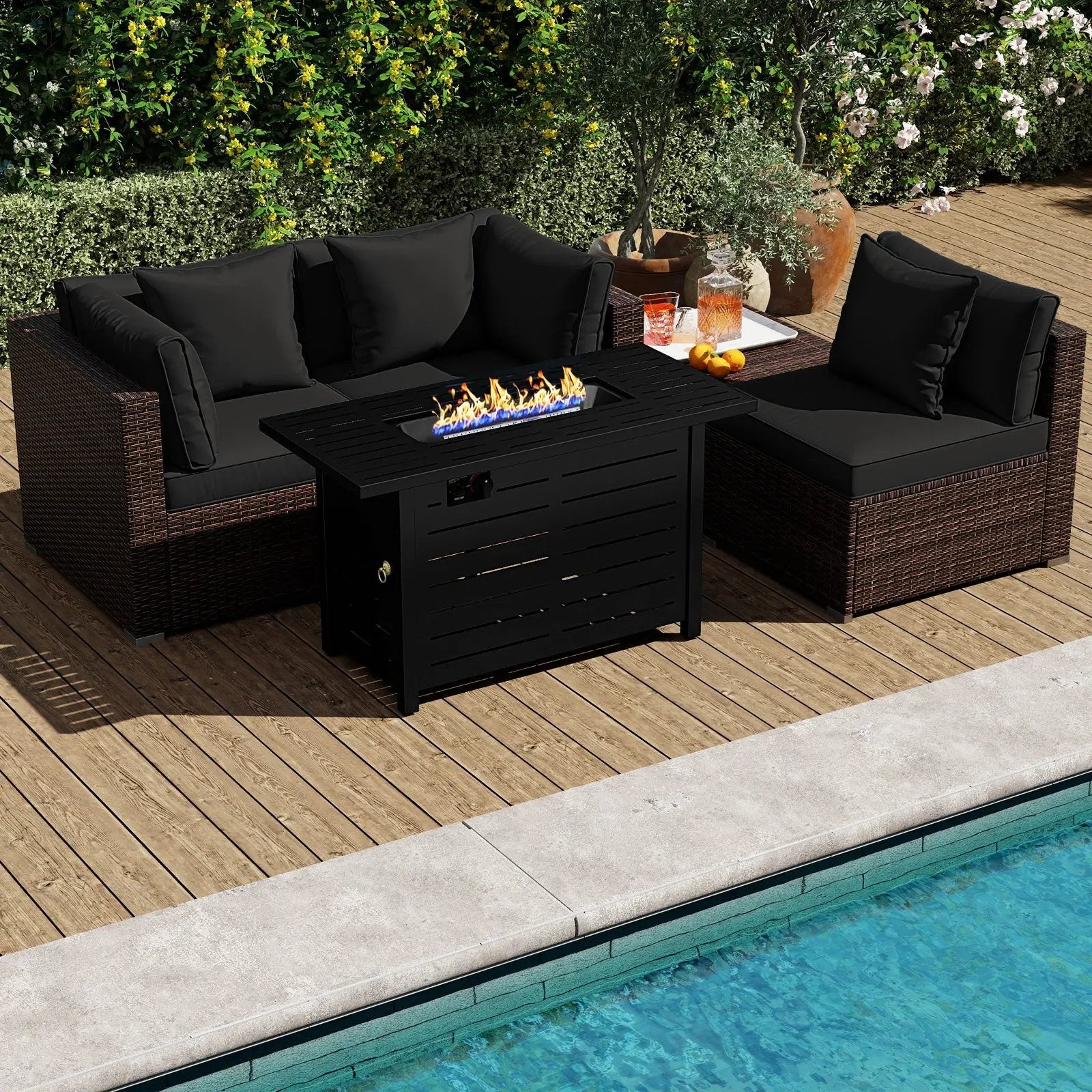 Heavy-duty Frame Rattan Sofa Set with 60000 BTU Firepit Table by DirectDeals