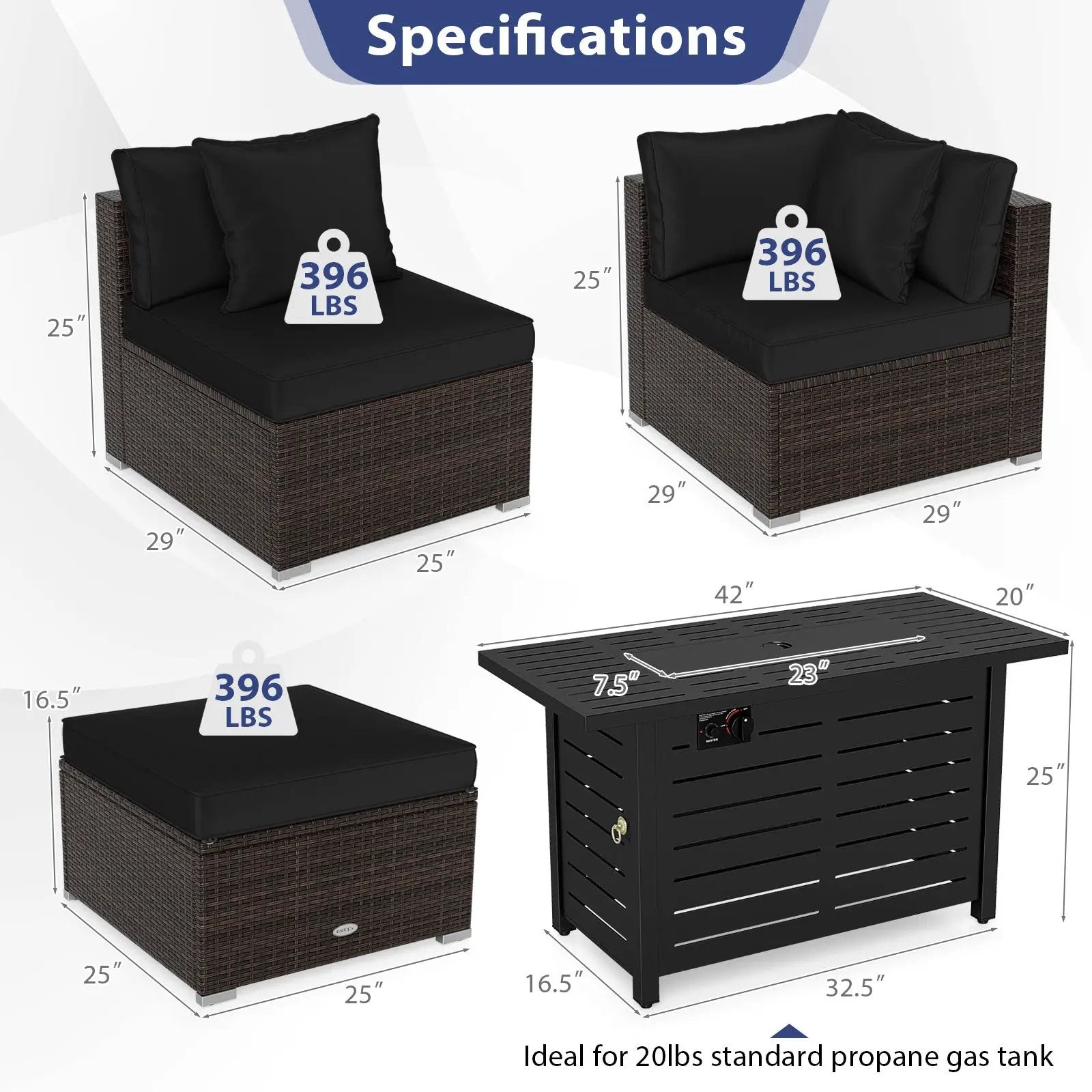 Heavy-duty Frame Rattan Sofa Set with 60000 BTU Firepit Table by DirectDeals