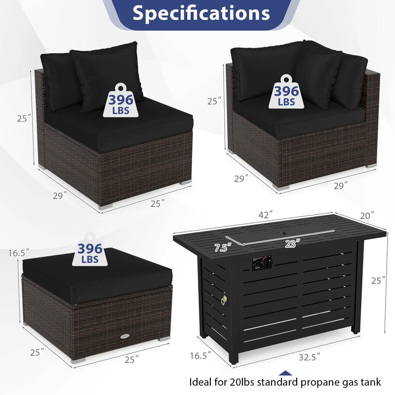 Heavy-duty Frame Rattan Sofa Set with 60000 BTU Firepit Table by DirectDeals