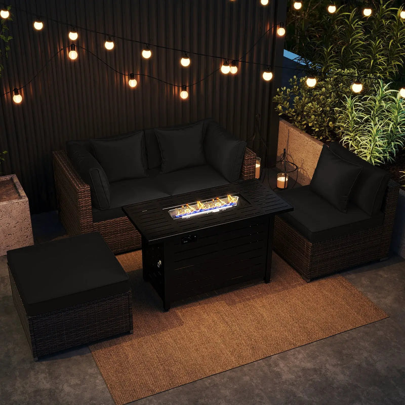 Heavy-duty Frame Rattan Sofa Set with 60000 BTU Firepit Table by DirectDeals
