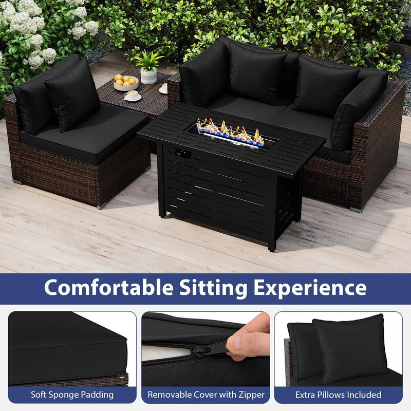 Heavy-duty Frame Rattan Sofa Set with 60000 BTU Firepit Table by DirectDeals