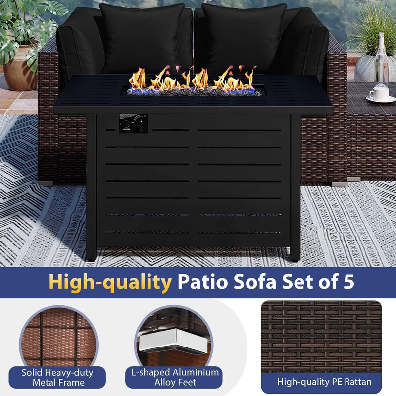 Heavy-duty Frame Rattan Sofa Set with 60000 BTU Firepit Table by DirectDeals
