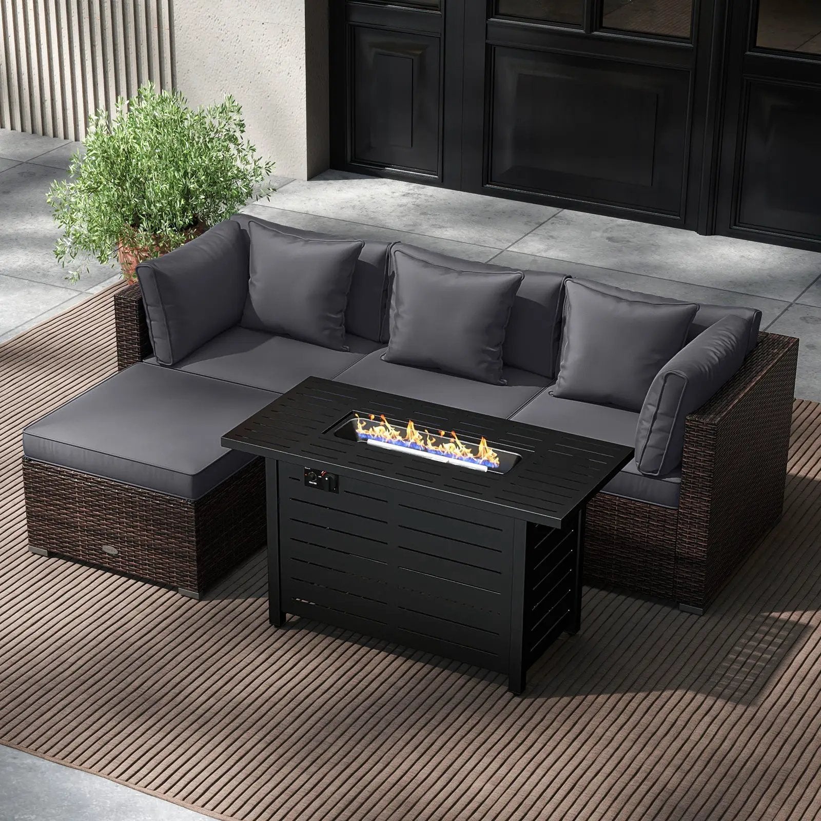 Heavy-duty Frame Rattan Sofa Set with 60000 BTU Firepit Table by DirectDeals