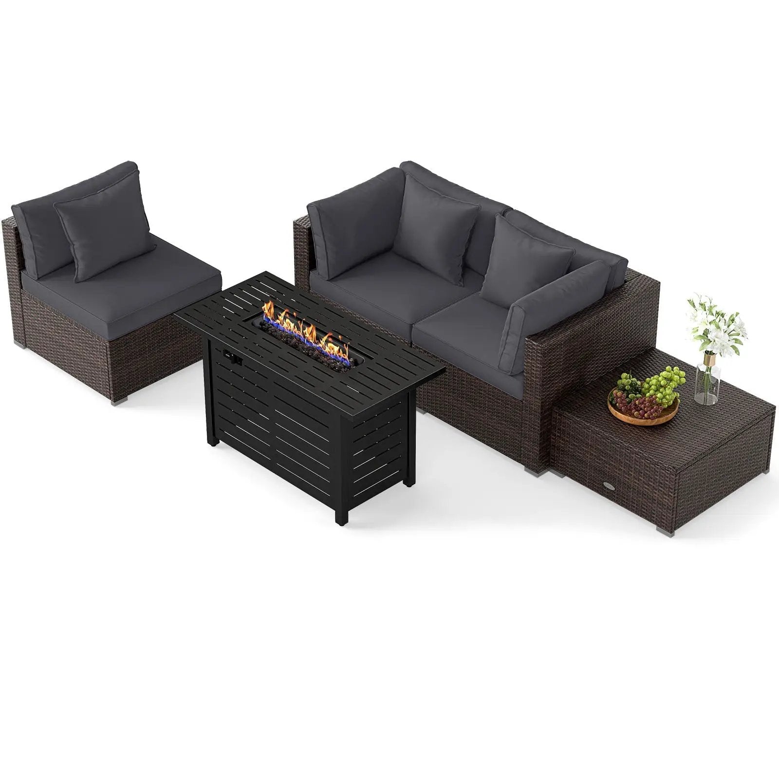 Heavy-duty Frame Rattan Sofa Set with 60000 BTU Firepit Table by DirectDeals