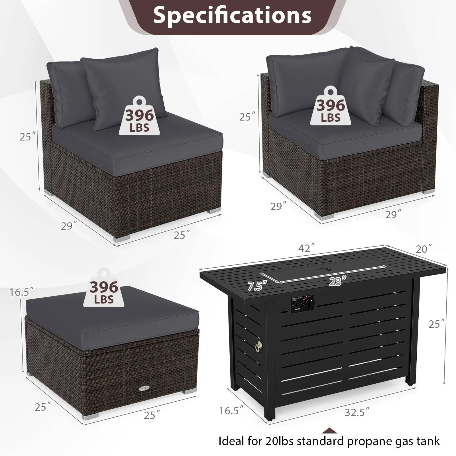Heavy-duty Frame Rattan Sofa Set with 60000 BTU Firepit Table by DirectDeals
