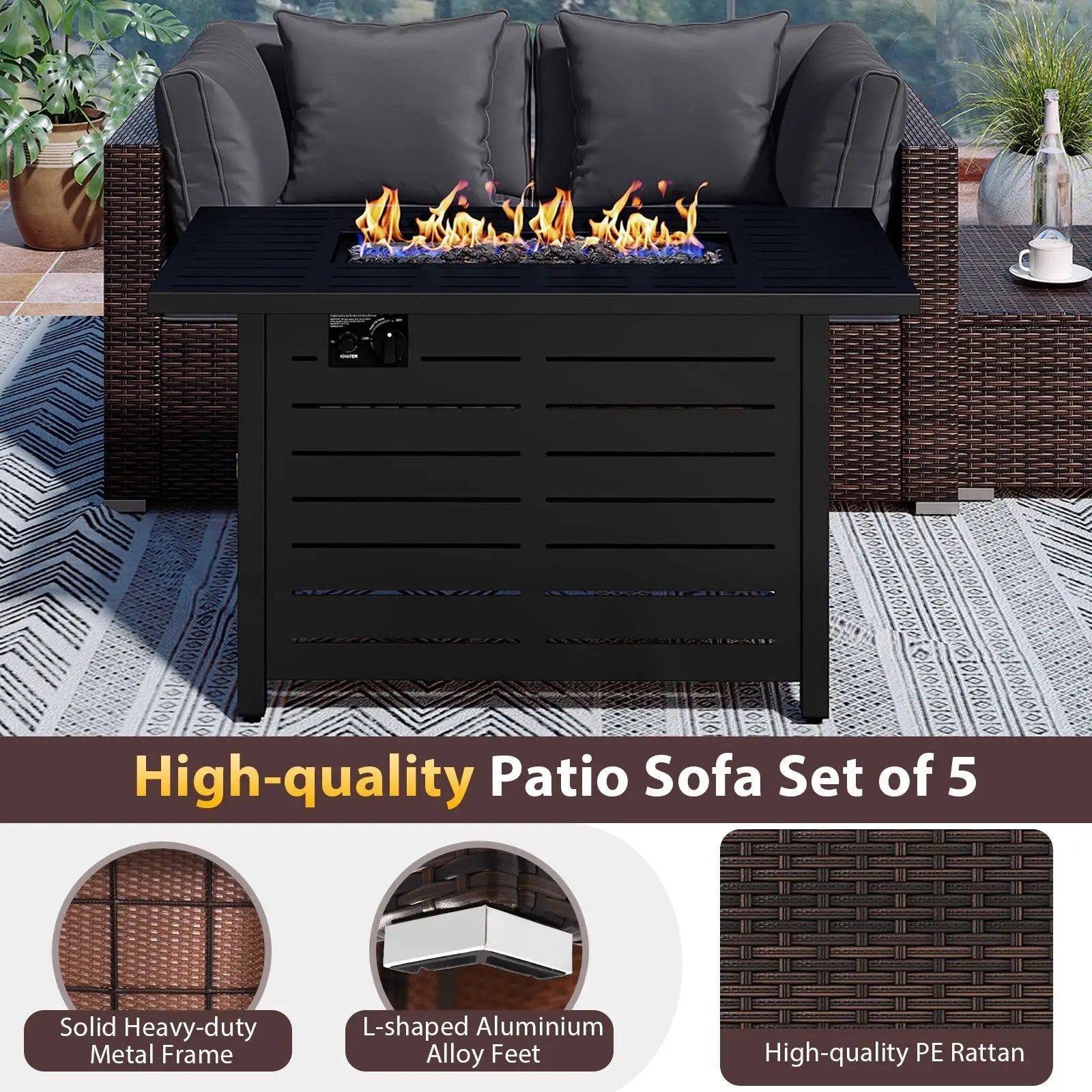 Heavy-duty Frame Rattan Sofa Set with 60000 BTU Firepit Table by DirectDeals