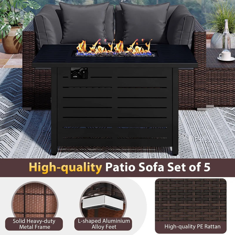 Heavy-duty Frame Rattan Sofa Set with 60000 BTU Firepit Table by DirectDeals