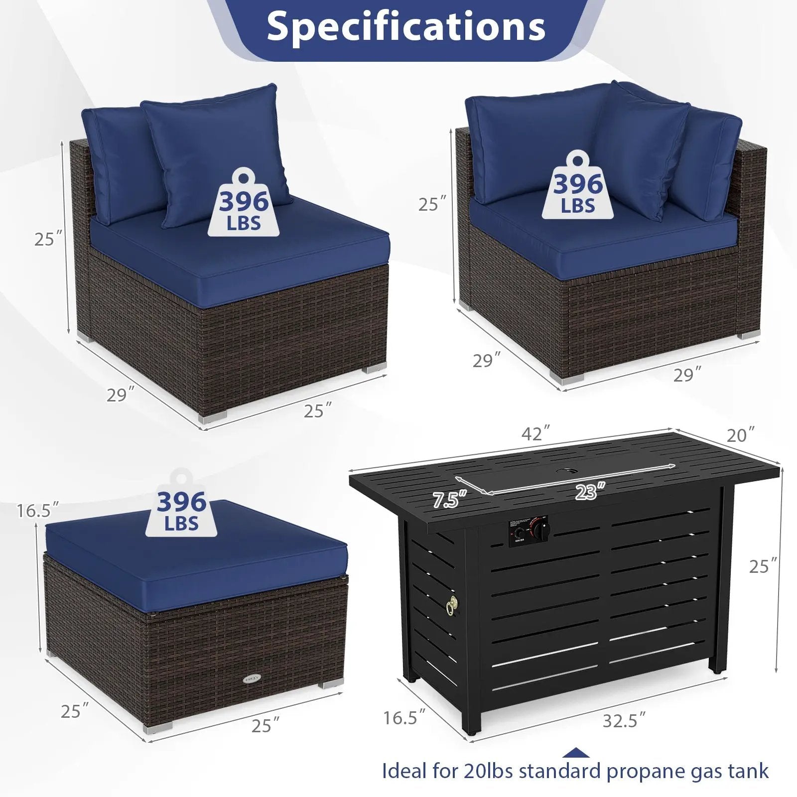 Heavy-duty Frame Rattan Sofa Set with 60000 BTU Firepit Table by DirectDeals
