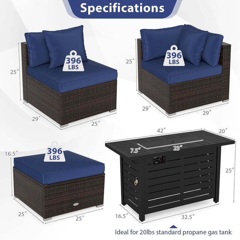 Heavy-duty Frame Rattan Sofa Set with 60000 BTU Firepit Table by DirectDeals
