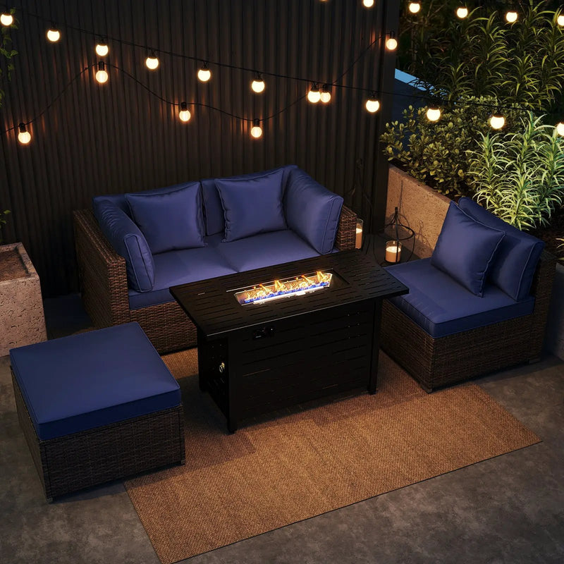 Heavy-duty Frame Rattan Sofa Set with 60000 BTU Firepit Table by DirectDeals