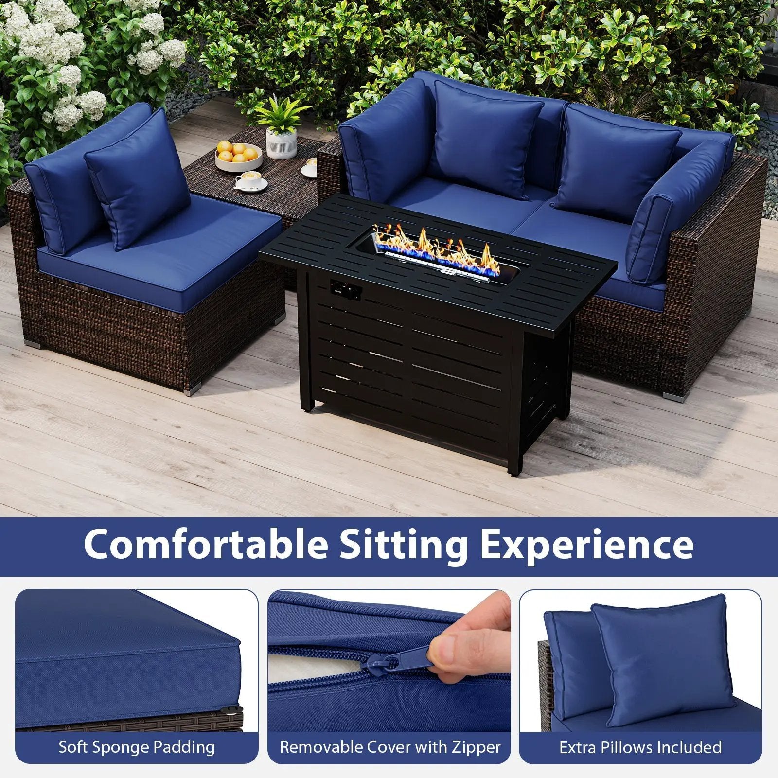 Heavy-duty Frame Rattan Sofa Set with 60000 BTU Firepit Table by DirectDeals