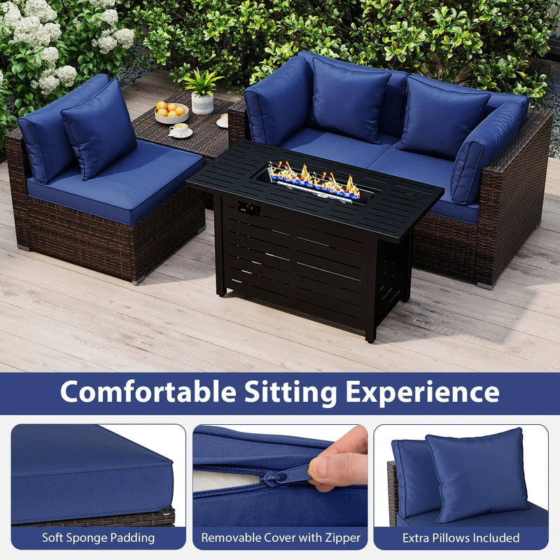 Heavy-duty Frame Rattan Sofa Set with 60000 BTU Firepit Table by DirectDeals