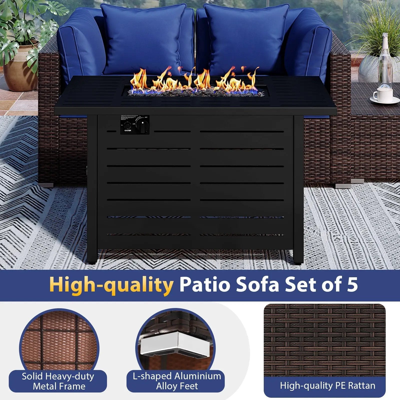 Heavy-duty Frame Rattan Sofa Set with 60000 BTU Firepit Table by DirectDeals