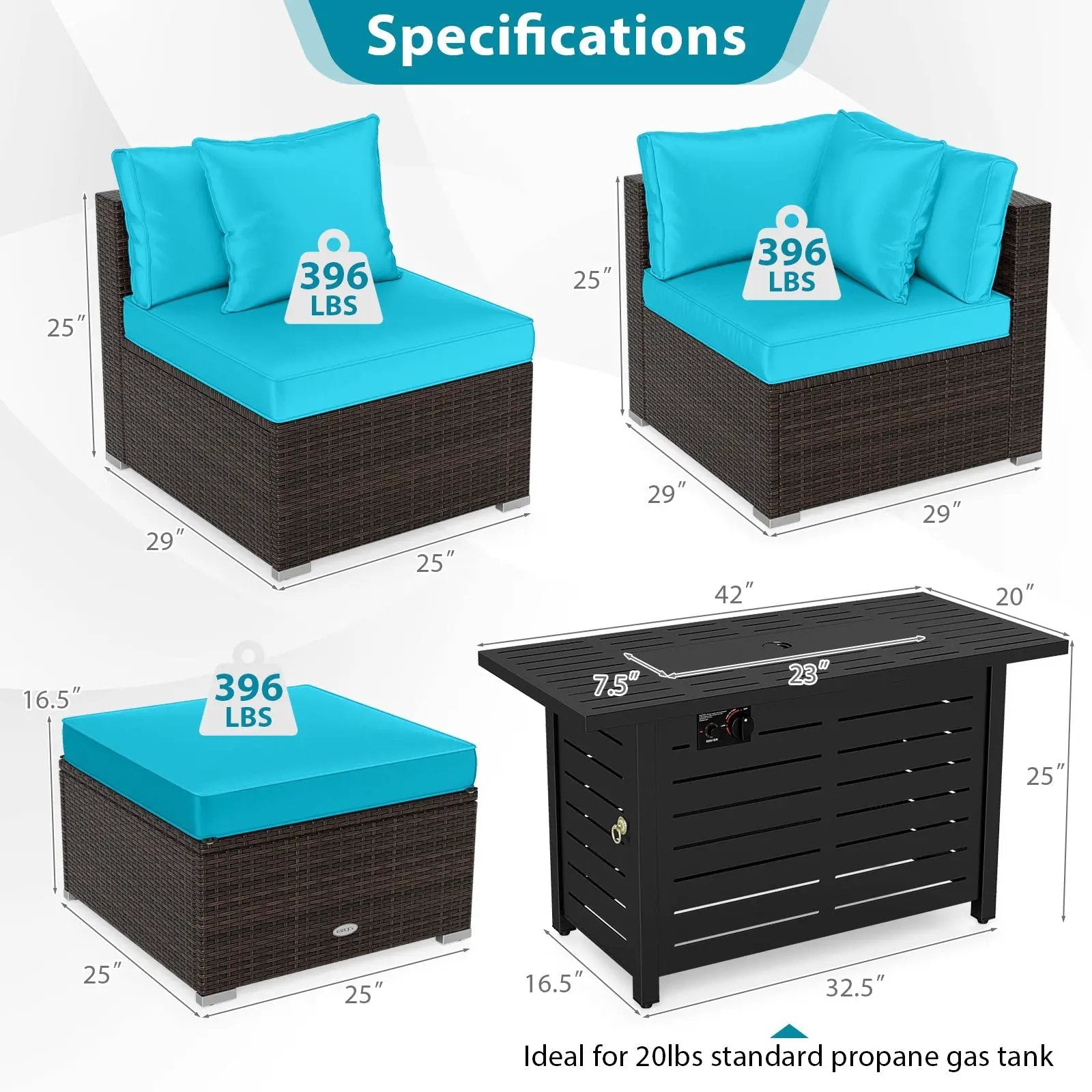 Heavy-duty Frame Rattan Sofa Set with 60000 BTU Firepit Table by DirectDeals