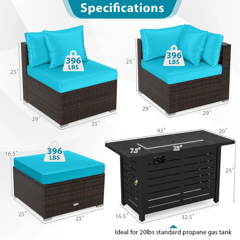 Heavy-duty Frame Rattan Sofa Set with 60000 BTU Firepit Table by DirectDeals