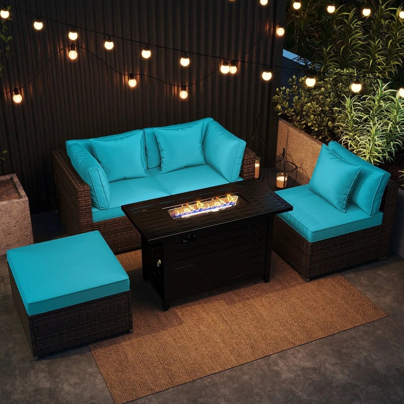 Heavy-duty Frame Rattan Sofa Set with 60000 BTU Firepit Table by DirectDeals