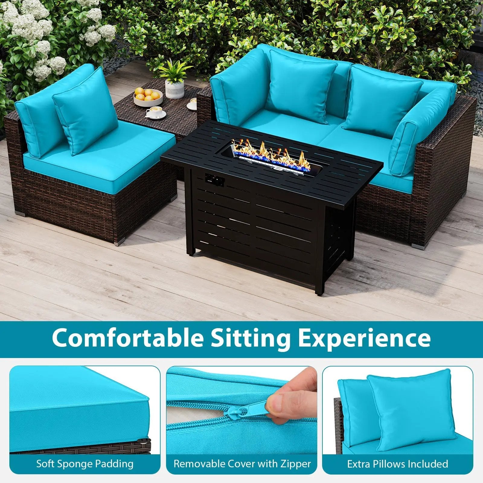 Heavy-duty Frame Rattan Sofa Set with 60000 BTU Firepit Table by DirectDeals